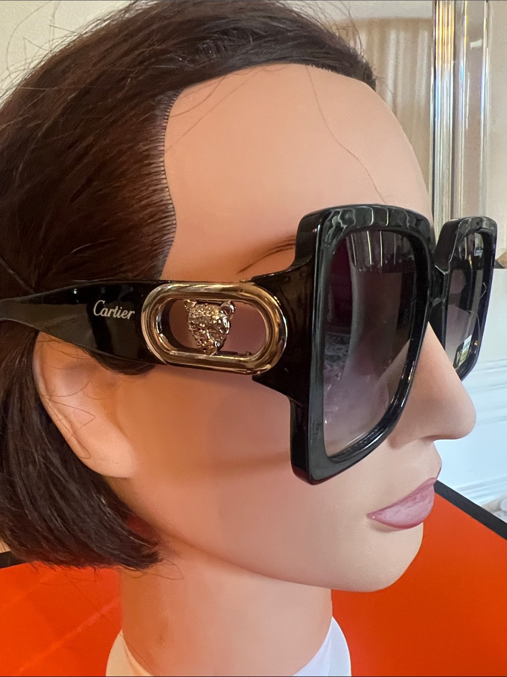 Cartier Black Oversized Square Sunglasses with Gold Panther Detail